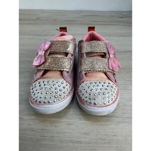 Skechers Twinkle Toes Girls Pink Glitter Heart Rhinestone Bow Shoes Size 10